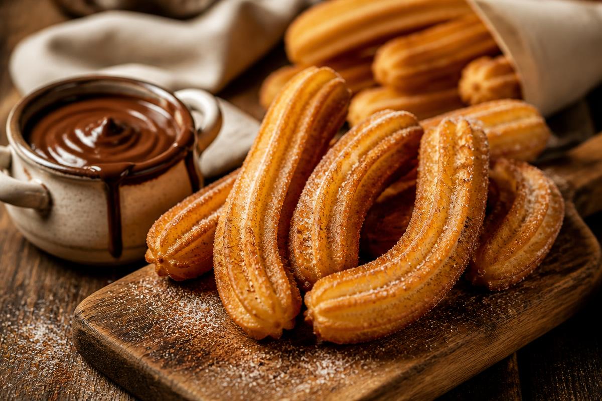 Churros dorados con azúcar, canela y chocolate caliente